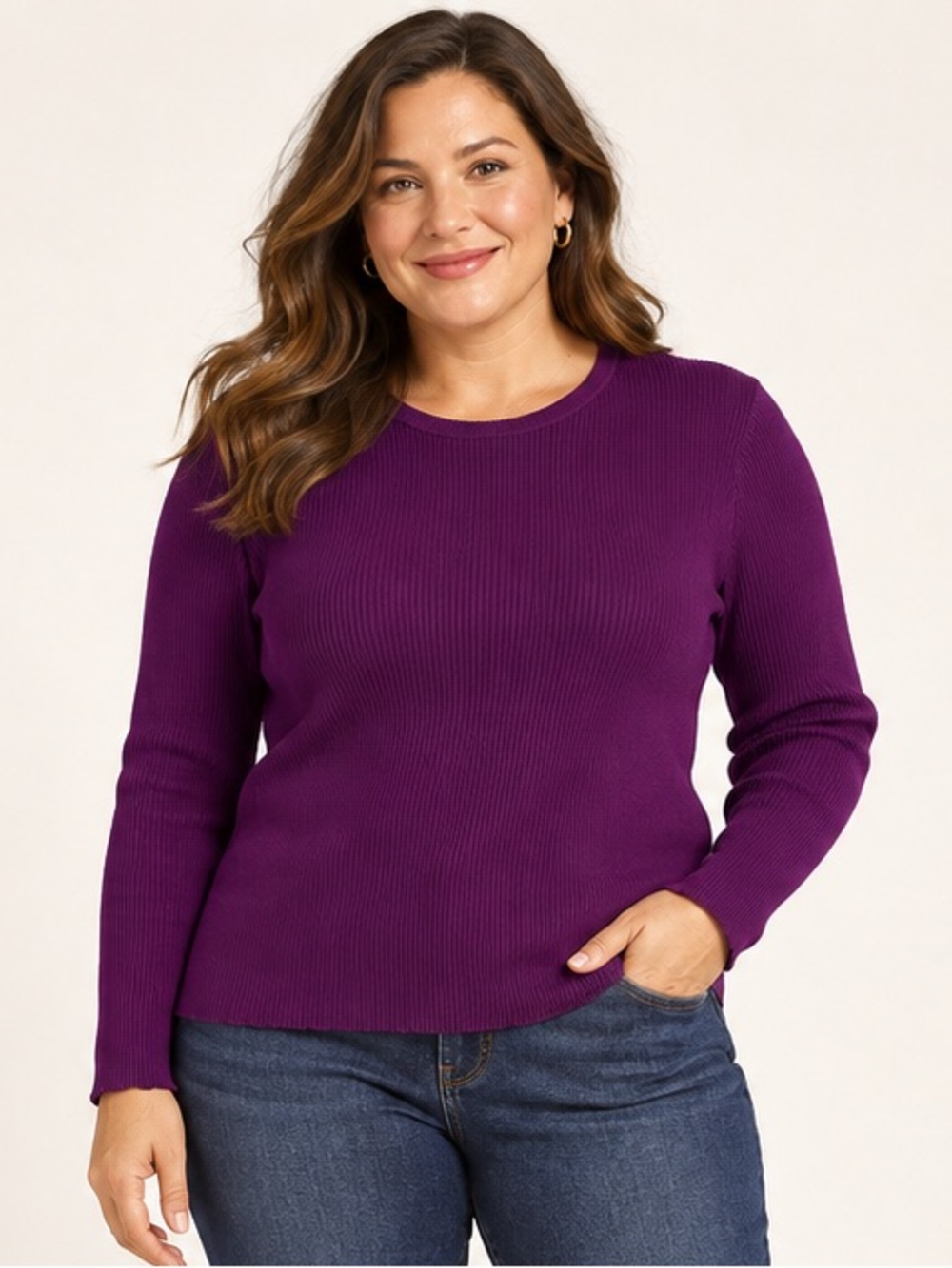 Chico’s Size 3 XL 16 Purple Silk Blend Ribbed Crewneck Long Sleeve Sweater